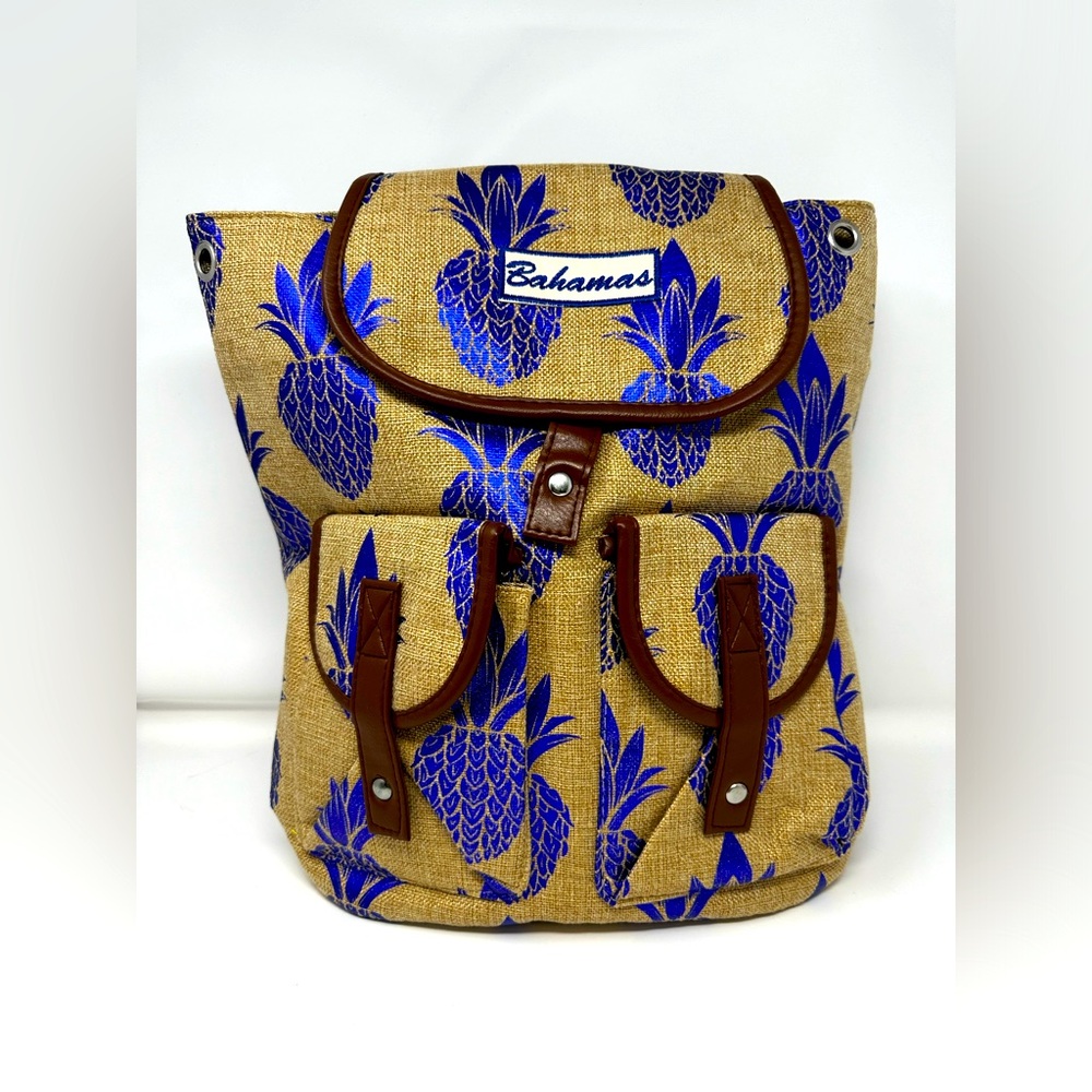 Bahamas Rare Metallic Pineapple Print on Hemp Backpack With Front Pockets New